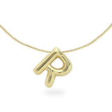 The BALLOON LETTER NECKLACE, a delicate gold necklace featuring a playful, balloon-shaped letter "R" pendant.||| R/GOLD