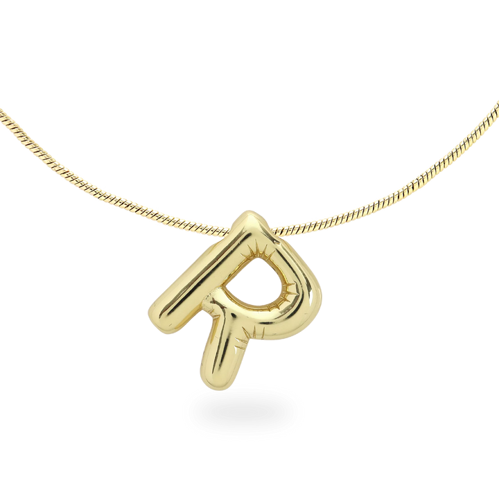 The BALLOON LETTER NECKLACE, a delicate gold necklace featuring a playful, balloon-shaped letter "R" pendant.||| R/GOLD