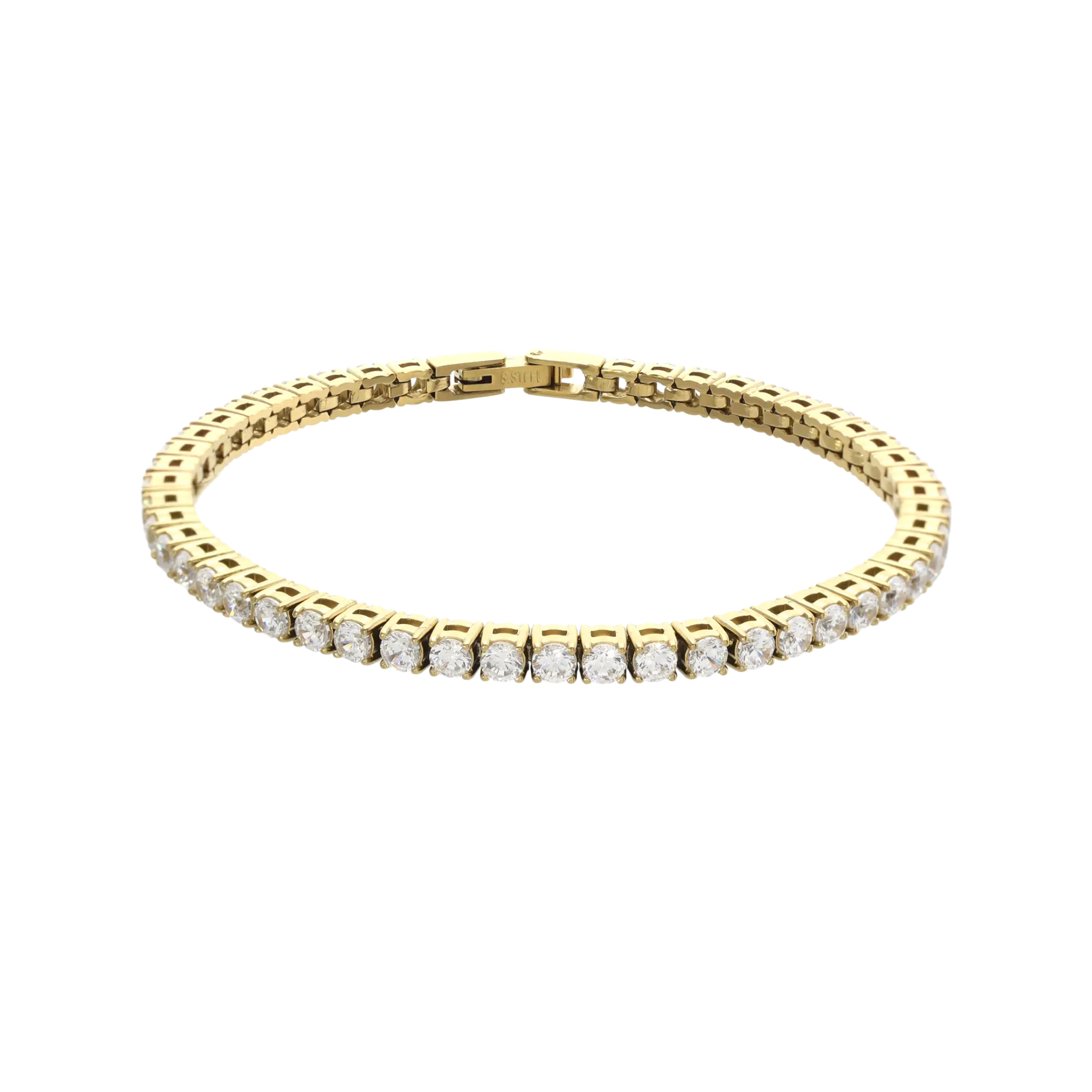 The ROUND CUT RIVIERE TENNIS BRACELET, which is a single gold bracelet featuring round-cut stones in a classic prong setting. Not worn by a model.