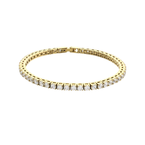 The ROUND CUT RIVIERE TENNIS BRACELET, which is a single gold bracelet featuring round-cut stones in a classic prong setting. Not worn by a model.