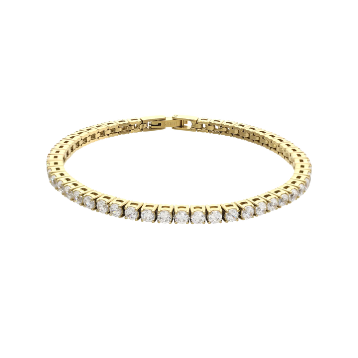 The ROUND CUT RIVIERE TENNIS BRACELET, which is a single gold bracelet featuring round-cut stones in a classic prong setting. Not worn by a model. ||| GOLD