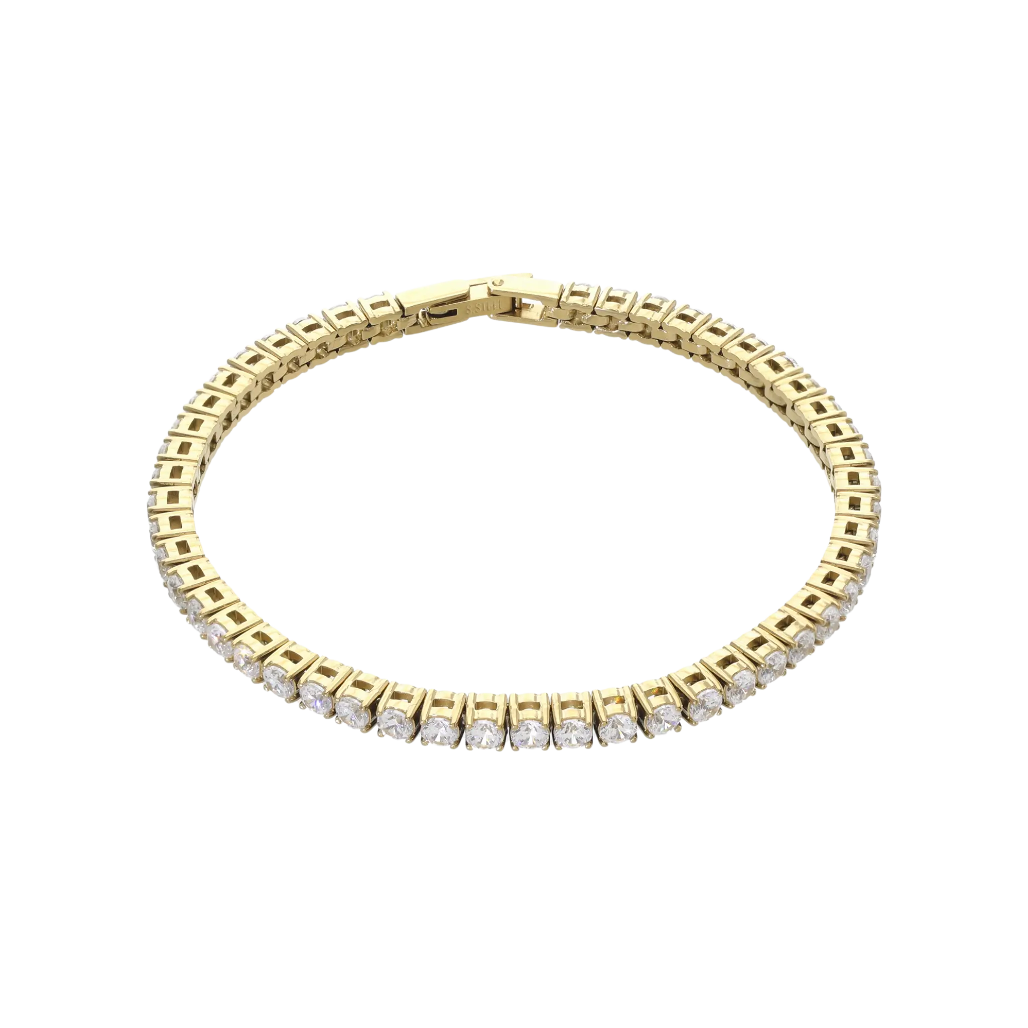 The ROUND CUT RIVIERE TENNIS BRACELET, which is a single gold bracelet with round-cut white stones in a bold prong setting. Not worn by a model.