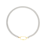 The Sleek Carabiner Anne Mix Necklace, which is a single-piece mixed metal necklace featuring a polished silver chain and a gold carabiner clasp, designed for a sleek and contemporary statement.