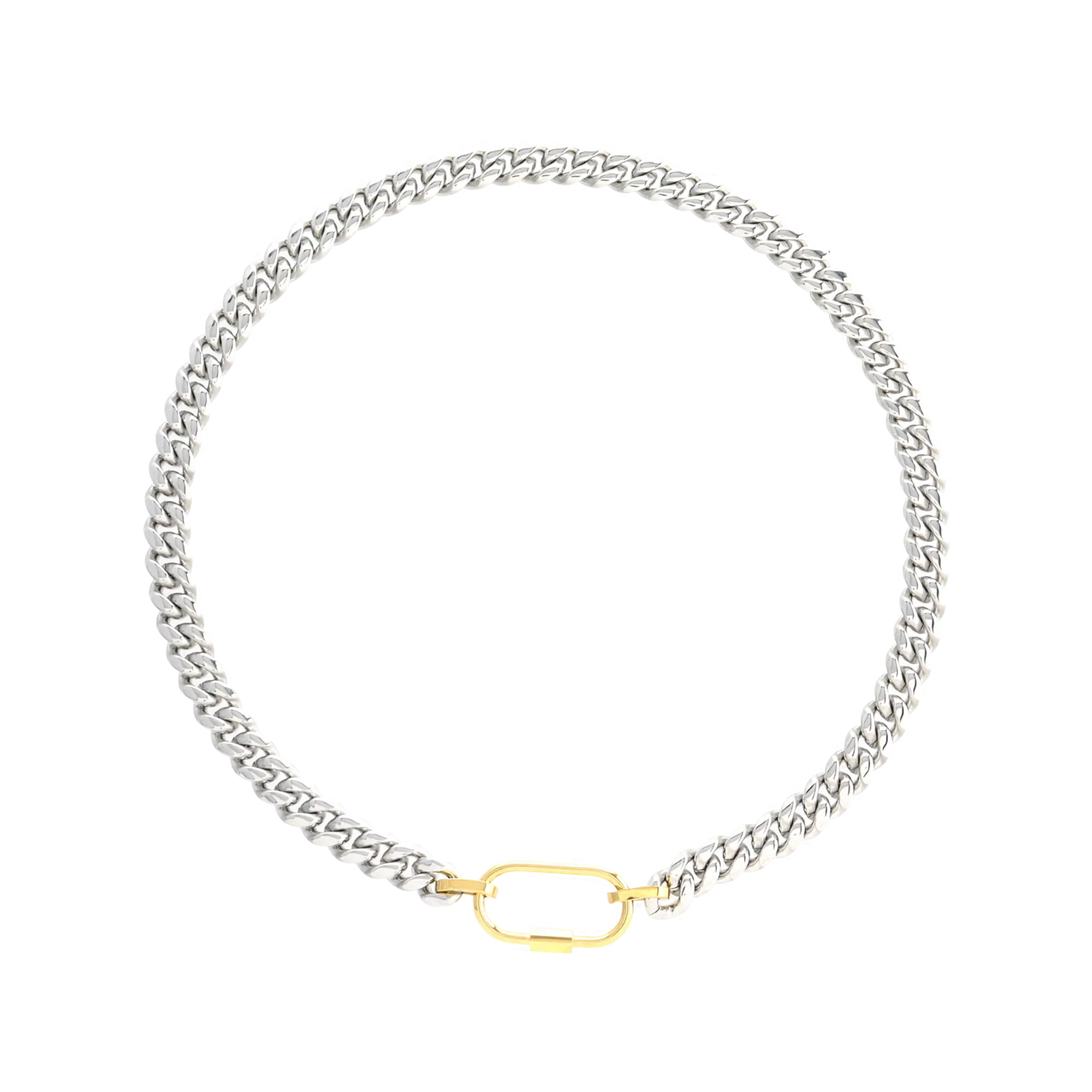 The Sleek Carabiner Anne Mix Necklace, which is a single-piece mixed metal necklace featuring a polished silver chain and a gold carabiner clasp, designed for a sleek and contemporary statement.