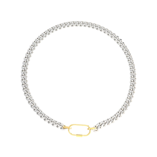 The Sleek Carabiner Anne Mix Necklace, which is a single-piece mixed metal necklace featuring a polished silver chain and a gold carabiner clasp, designed for a sleek and contemporary statement.