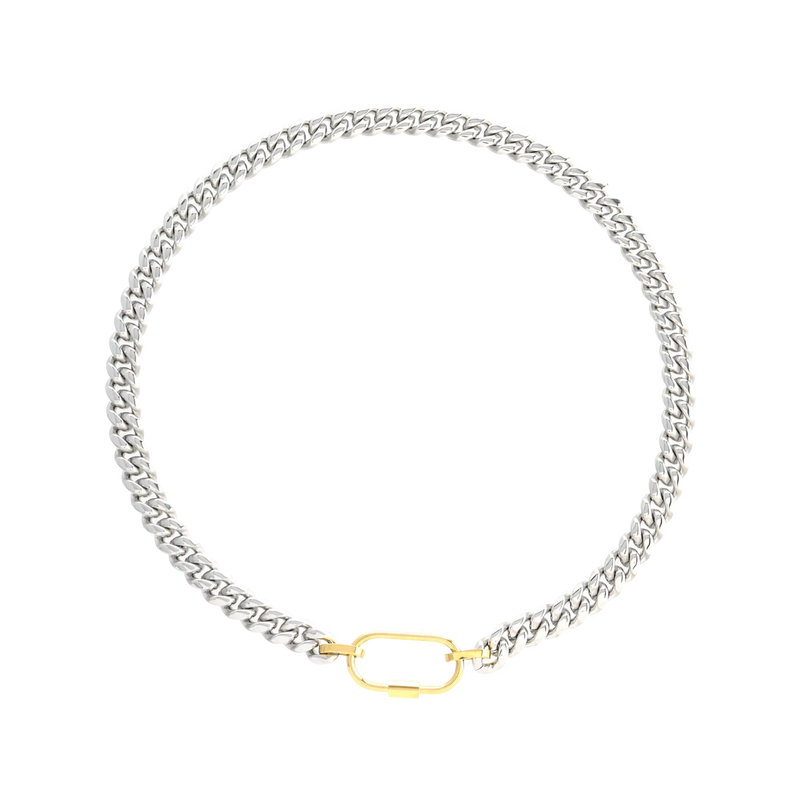 The Sleek Carabiner Anne Mix Necklace, which is a single-piece mixed metal necklace featuring a polished silver chain and a gold carabiner clasp, designed for a sleek and contemporary statement.