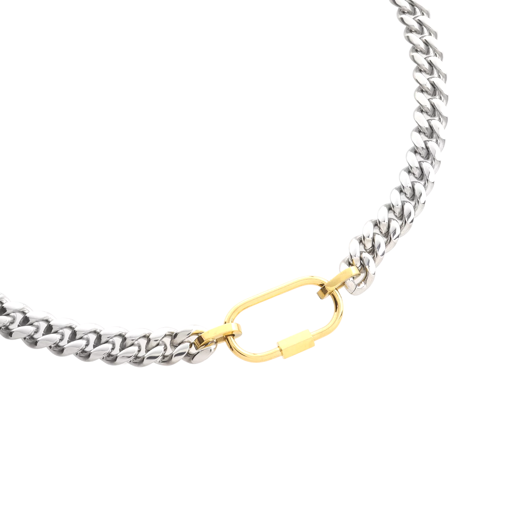 The Sleek Carabiner Anne Mix Necklace, which is a single-piece mixed metal necklace featuring a thick silver chain and a contrasting gold carabiner clasp for a clean, elevated look.