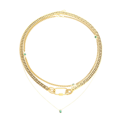 The Sleek Carabiner Emerald Layered Necklace Set, which is a 4-piece gold layered necklace set featuring chunky and delicate chains, a bold carabiner link, and emerald-green stone accents for a modern, elevated stack.