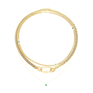 The Sleek Carabiner Emerald Layered Necklace Set, which is a 4-piece gold layered necklace set featuring chunky and delicate chains, a bold carabiner link, and emerald-green stone accents for a modern, elevated stack.