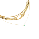 The Sleek Carabiner Emerald Layered Necklace Set, which is a 4-piece gold necklace set combining chunky and fine chains with a gold carabiner clasp and emerald-green stone accents for a striking layered effect.