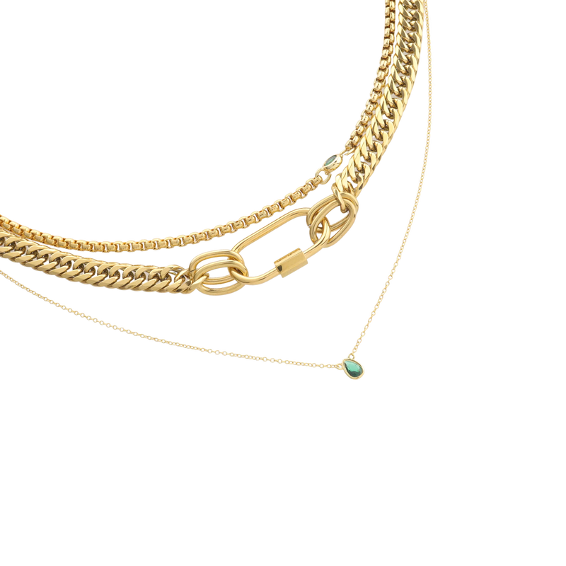 The Sleek Carabiner Emerald Layered Necklace Set, which is a 4-piece gold necklace set combining chunky and fine chains with a gold carabiner clasp and emerald-green stone accents for a striking layered effect.