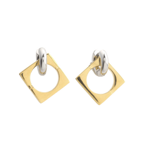 The SQUARE MIX Hoop Earrings featuring a bold geometric design with gold-tone square hoops and silver-tone chunky links.