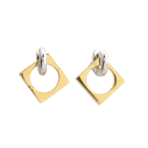 The SQUARE MIX Hoop Earrings featuring a bold geometric design with gold-tone square hoops and silver-tone chunky links.