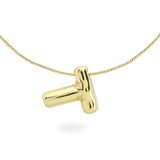 The BALLOON LETTER NECKLACE, a delicate gold necklace featuring a playful, balloon-shaped letter "T" pendant.||| T/GOLD