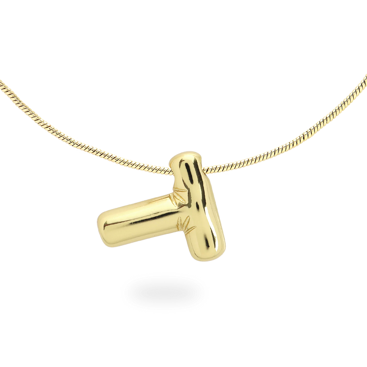 The BALLOON LETTER NECKLACE, a delicate gold necklace featuring a playful, balloon-shaped letter "T" pendant.||| T/GOLD