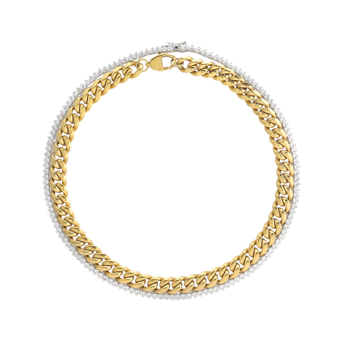 The TENNIS AND THE CURB CHAIN LAYERED NECKLACE SET which is a two-piece layered necklace stack featuring a gold chunky chain and a silver tennis necklace with round-cut stone. ||| GOLD
