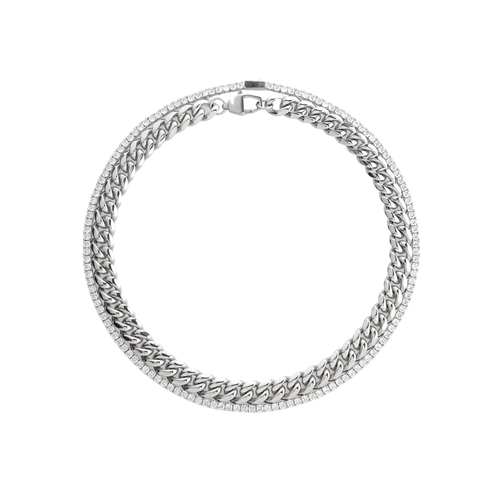 The TENNIS & THE CURB CHAIN Layered Necklace Set in Silver featuring two mixed metal chains: a bold silver-tone curb chain and a silver-tone pavé tennis chain for a statement layered look. ||| SILVER