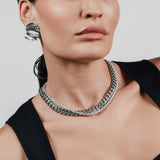 Two-piece layered necklace stack in silver, featuring a curb chain and a tennis chain. ||| SILVER
