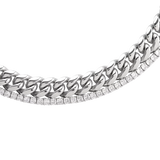 Close-up of a two-piece layered silver necklace stack featuring a chunky curb chain and a diamond-accented tennis chain. ||| SILVER