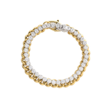 Close-up of The Bubble Curb Chain Bracelet Stack, a gold layered bracelet set featuring a chunky curb chain and a tennis bracelet with round-cut stones. ||| GOLD