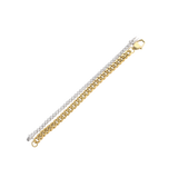 Close-up of The Bubble Curb Chain Bracelet Stack, a gold layered bracelet set featuring a chunky curb chain and a tennis bracelet with round-cut stones. ||| GOLD