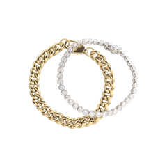 Close-up of The Bubble Curb Chain Bracelet Stack, a gold layered bracelet set featuring a chunky curb chain and a tennis bracelet with round-cut stones. ||| GOLD