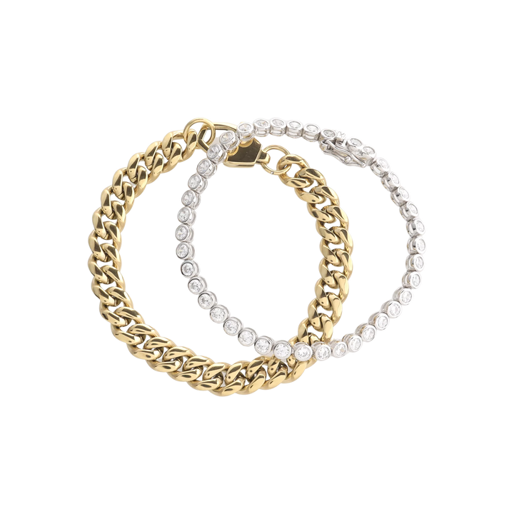 Close-up of The Bubble Curb Chain Bracelet Stack, a gold layered bracelet set featuring a chunky curb chain and a tennis bracelet with round-cut stones. ||| GOLD
