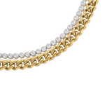 Close-up of The Bubble Curb Chain Bracelet Stack, a gold layered bracelet set featuring a chunky curb chain and a tennis bracelet with round-cut stones. ||| GOLD