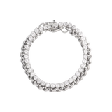 Close-up of The Bubble Curb Chain Bracelet Stack, a silver layered bracelet set featuring a chunky curb chain and a tennis bracelet with round-cut stones. ||| SILVER