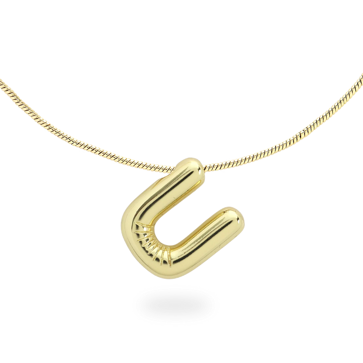 The BALLOON LETTER NECKLACE, a delicate gold necklace featuring a playful, balloon-shaped letter "U" pendant.||| U/GOLD