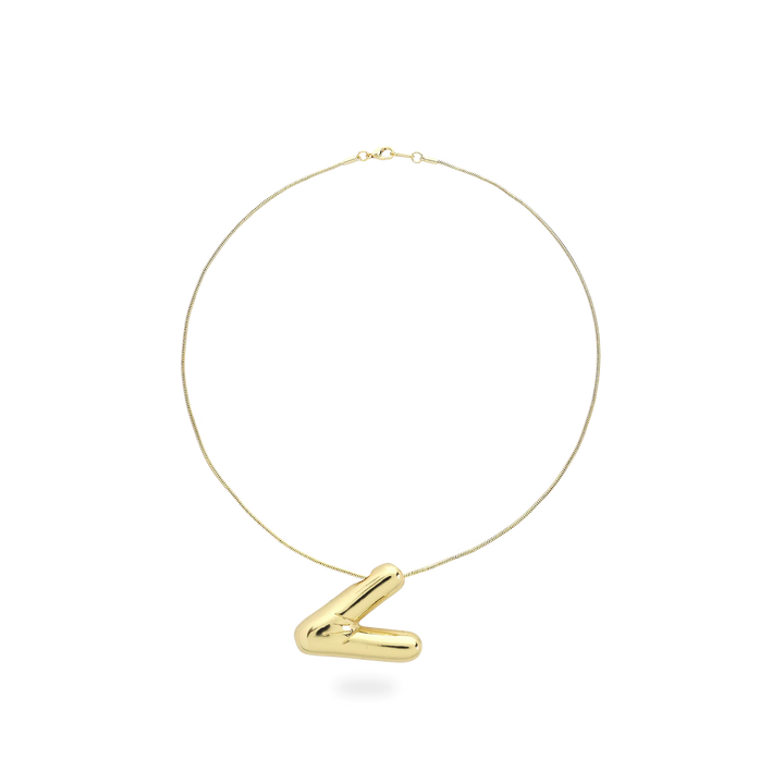 The BALLOON LETTER NECKLACE, a delicate gold necklace featuring a playful, balloon-shaped letter "V" pendant.||| V/GOLD