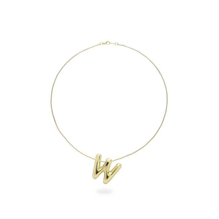 The BALLOON LETTER NECKLACE, a delicate gold necklace featuring a playful, balloon-shaped letter "W" pendant.||| W/GOLD