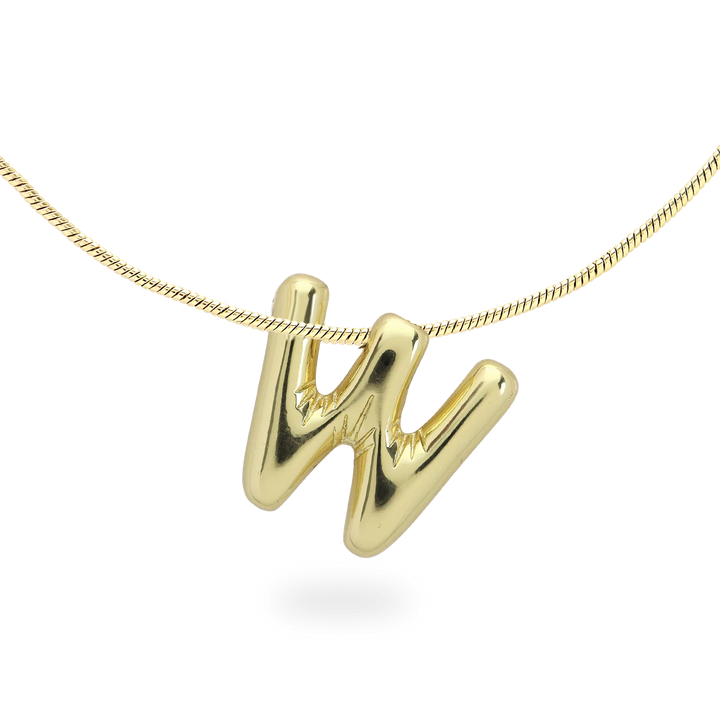 The BALLOON LETTER NECKLACE, a delicate gold necklace featuring a playful, balloon-shaped letter "W" pendant.||| W/GOLD