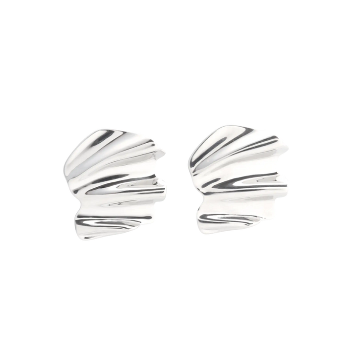 WAVES OF SILVER EARRINGS, a pair of textured, shiny silver earrings with a wavy design.