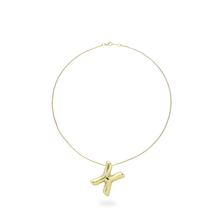 The BALLOON LETTER NECKLACE, a delicate gold necklace featuring a playful, balloon-shaped letter "X" pendant.||| X/GOLD