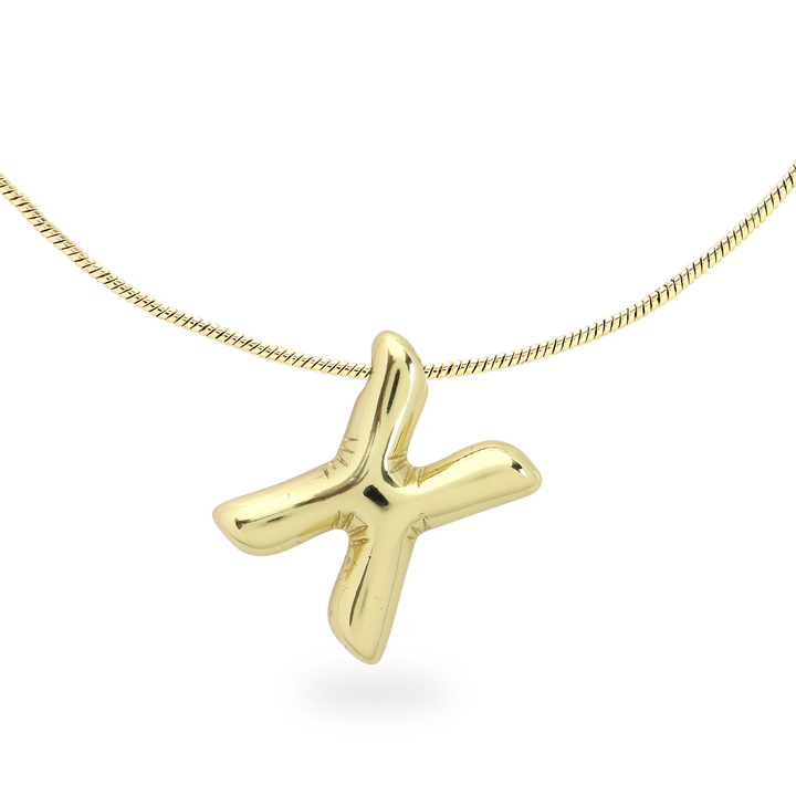 The BALLOON LETTER NECKLACE, a delicate gold necklace featuring a playful, balloon-shaped letter "X" pendant.||| X/GOLD