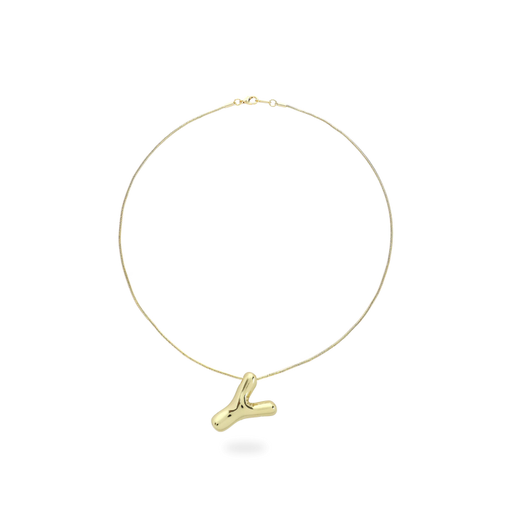 The BALLOON LETTER NECKLACE, a delicate gold necklace featuring a playful, balloon-shaped letter "Y" pendant.||| Y/GOLD
