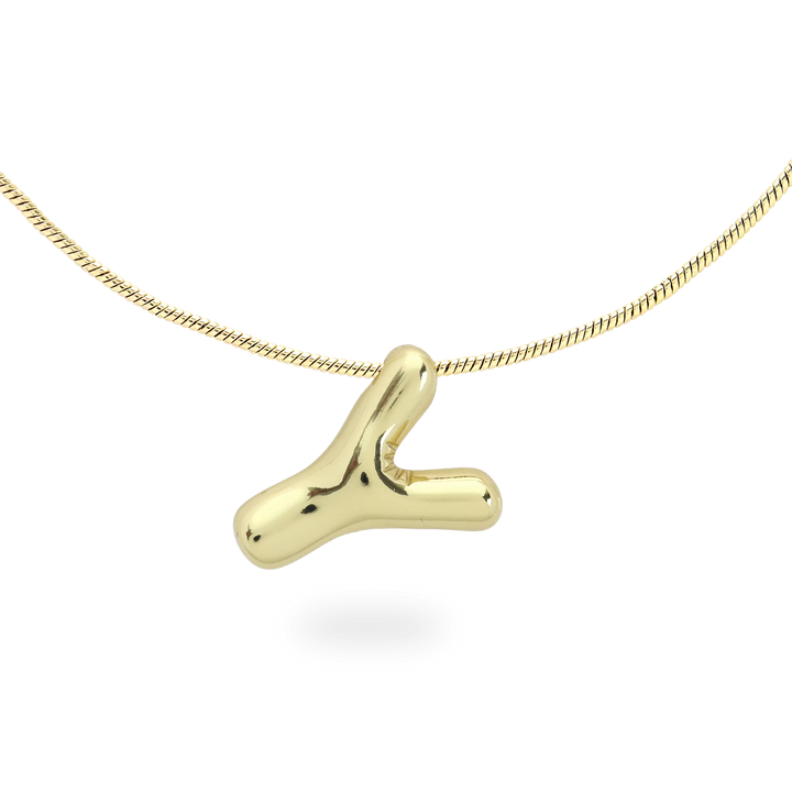 The BALLOON LETTER NECKLACE, a delicate gold necklace featuring a playful, balloon-shaped letter "Y" pendant.||| Y/GOLD