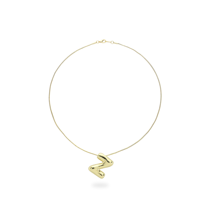 The BALLOON LETTER NECKLACE, a delicate gold necklace featuring a playful, balloon-shaped letter "Z" pendant.||| Z/GOLD