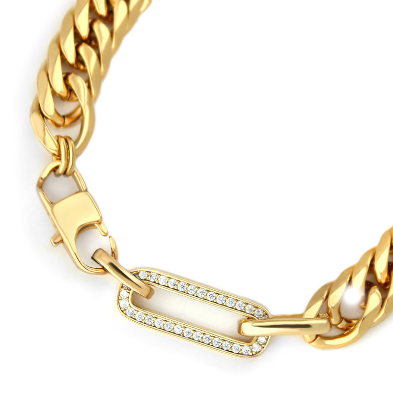 ISCHIA BRACELET which is a 7" Length Stainless steel 18K gold plated chain with Zirconia charm.