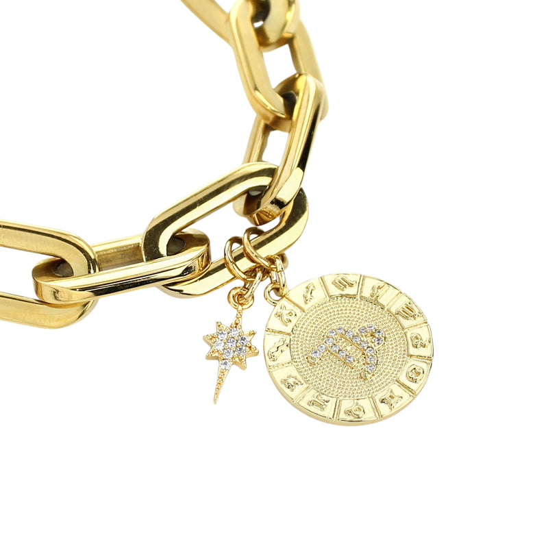 The ZODIAC PUERTO BRACELET- Capricorn made of 8" Hypoallergenic Gold Plated Stainless Steel chain with 20mm Gold Filled Capricorn Zodiac Charm with Micro Pave Constellation.