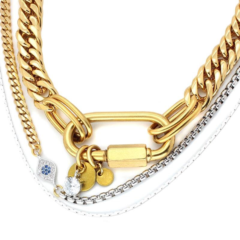 Maya Necklaces which comes with 18k Gold plated Stainless steel chain 3 Layered chain set with one thin gold chain, half gold and half silver chain with Zirconia evil eye and a thicker gold chain with oval lock.