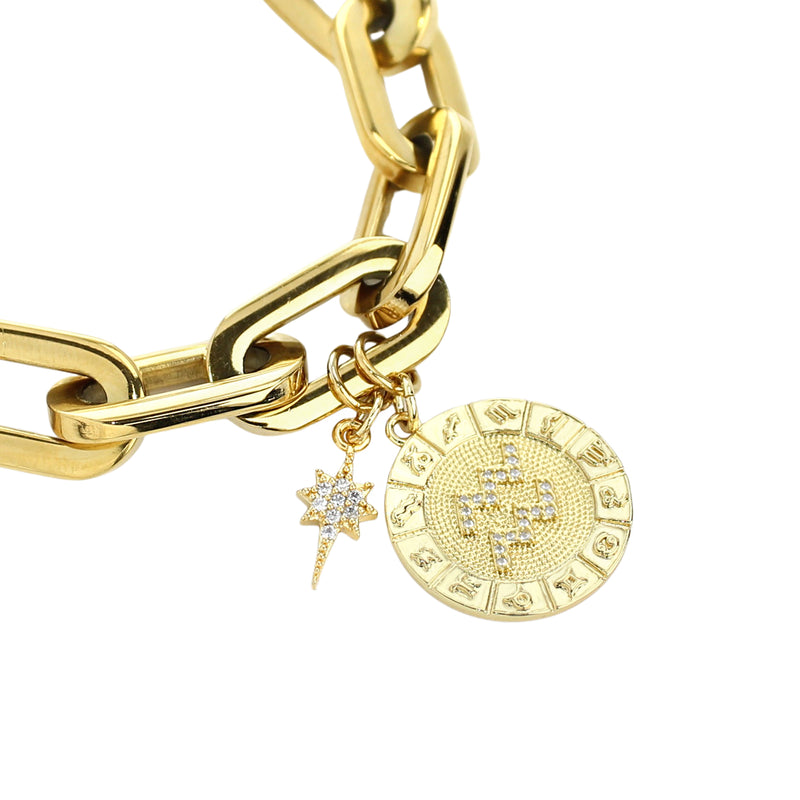The ZODIAC PUERTO BRACELET- Pisces made of 8" Hypoallergenic Gold Plated Stainless Steel chain with 20mm Gold Filled Aquarius Zodiac Charm with Micro Pave Constellation