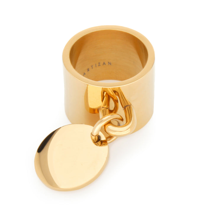 Coin Ring which is gold around one inch wide with a knob that has a coin charm hanging on it.