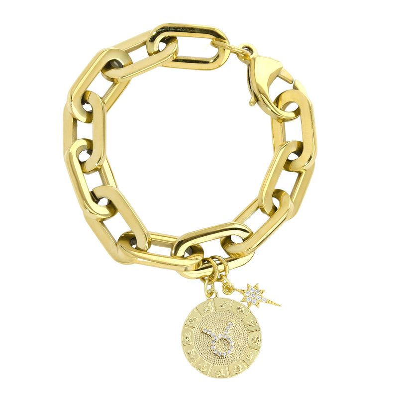 The ZODIAC PUERTO BRACELET- Taurus made of 8" Hypoallergenic Gold Plated Stainless Steel chain with 20mm Gold Filled Taurus Zodiac Charm with Micro Pave Constellation.