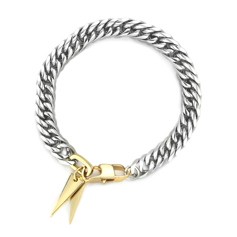 Iron Bracelet comes in 7 inches Stainless steel chain with two gold plated triangle charms.