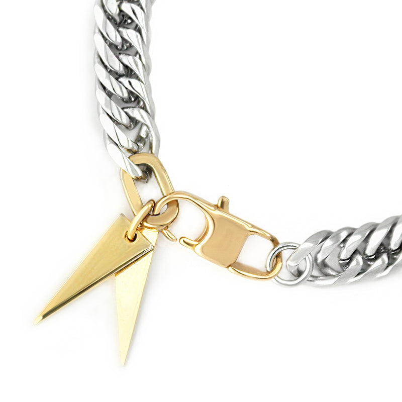 Iron Bracelet which is a 7 inches Stainless steel chain with two gold plated triangle charms.
