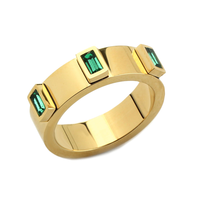 The Emerald Ring which is made of 5mm Stainless steel 18k gold plated with 3 emerald zirconia stones encrusted.