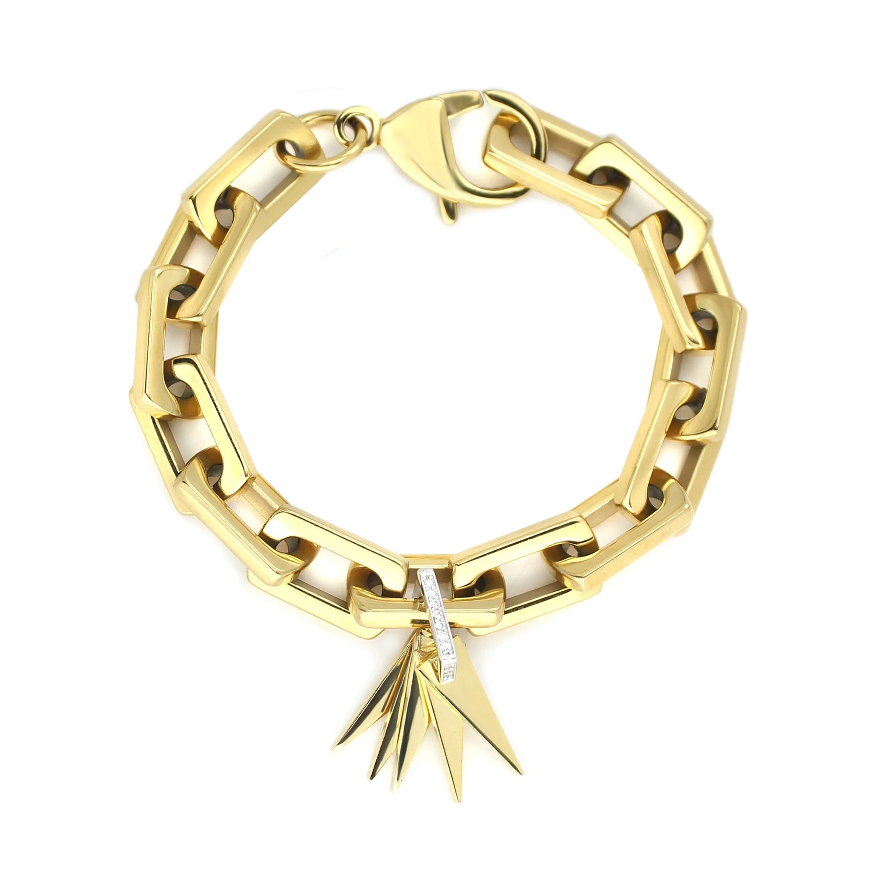 The Light Bracelet which is a bold, single-piece bracelet features chunky, geometric gold links adorned with a cluster of pointed charms and a crystal-studded bar detail, creating a statement accessory perfect for elevating any outfit.