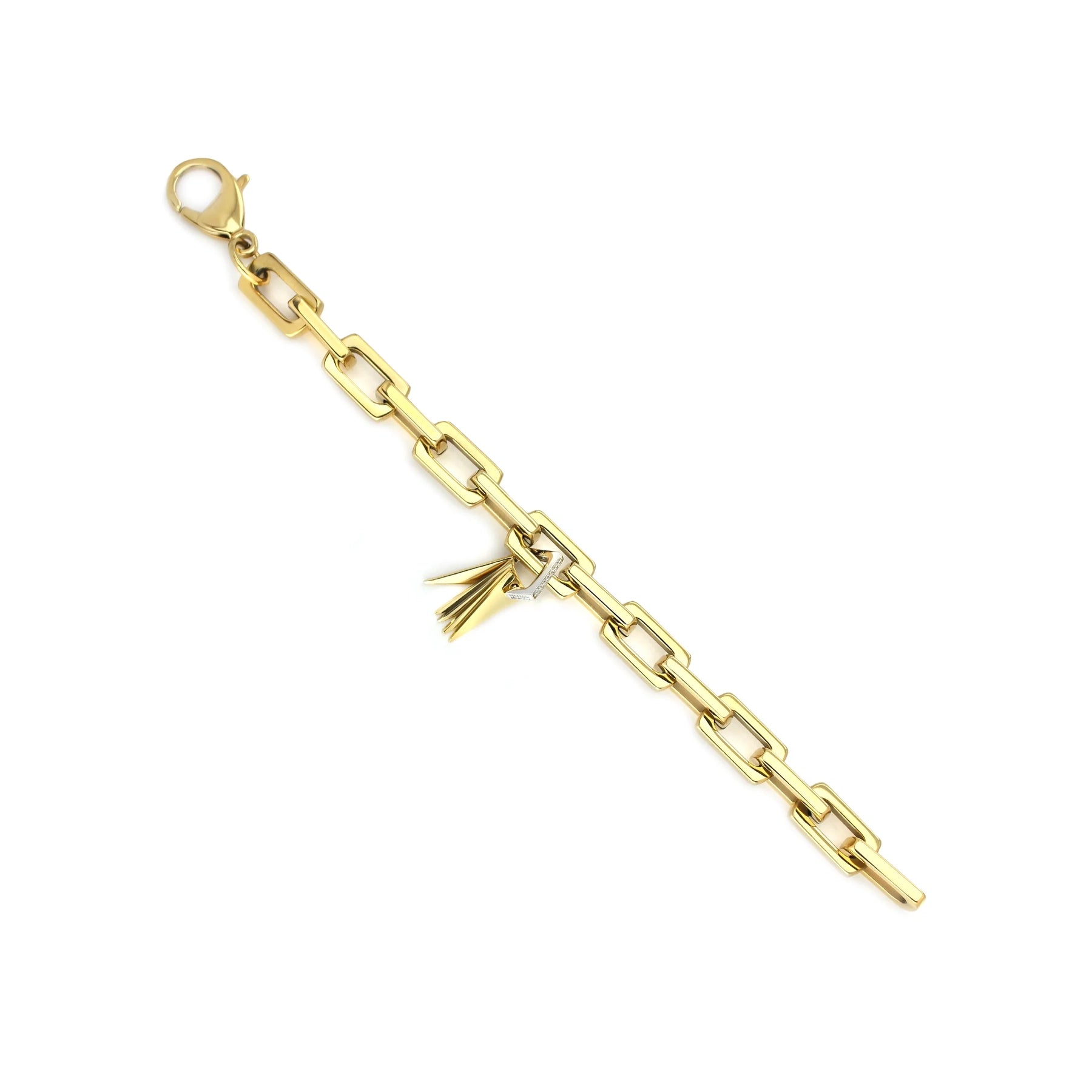 The LIGHT BRACELET, which is a single gold chain bracelet, features bold rectangular links and a striking charm centerpiece with mixed metallic accents. This modern statement piece combines contemporary design with versatile elegance, perfect for elevating any outfit with a touch of brilliance.